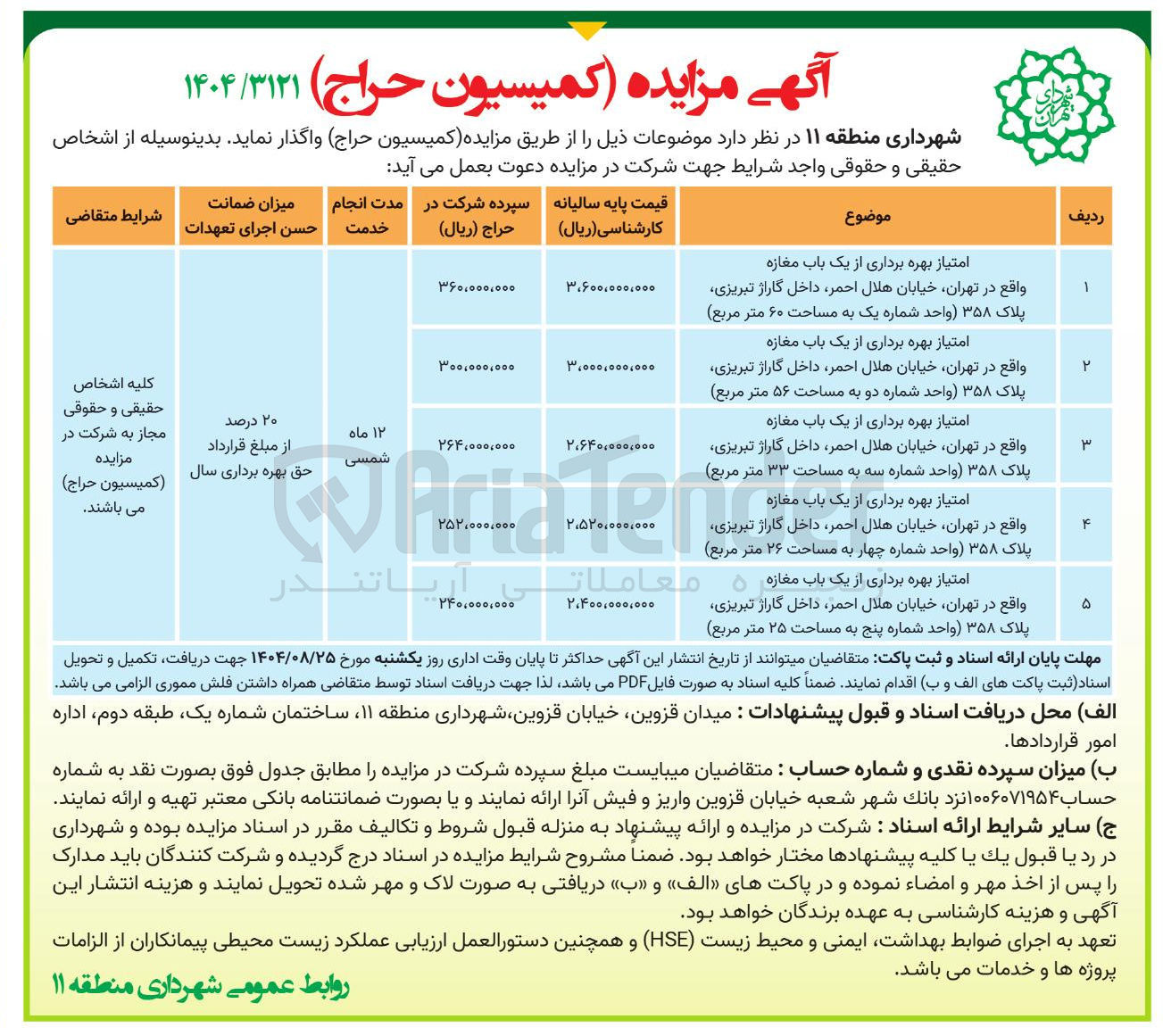 تصویر کوچک آگهی واگذاری امتیاز بهره برداری از 5 باب مغازه