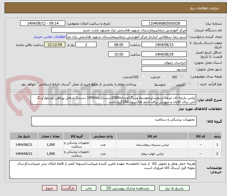 تصویر کوچک آگهی لباس پارچه ای تترون دردوسایزمتوسط وبزرگ/مردانه1000دست/زنانه1000 دست/ شامل پیراهن وشلوار/رنگ آبی برای آقایان و صورتی برای خانم ها/تترون 180گرم باشد