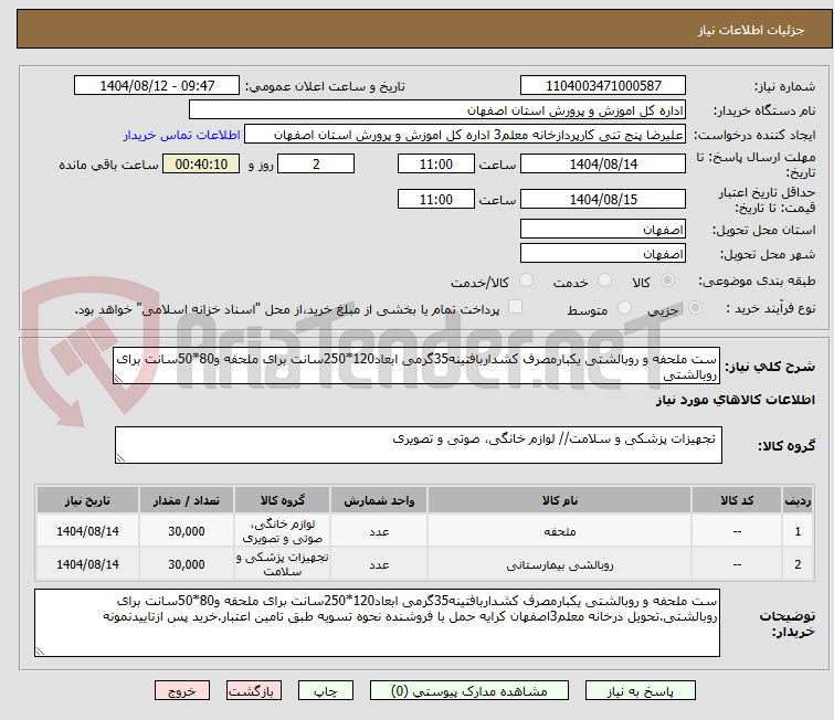 تصویر کوچک آگهی ست ملحفه و روبالشتی یکبارمصرف کشداربافتینه35گرمی ابعاد120*250سانت برای ملحفه و80*50سانت برای روبالشتی