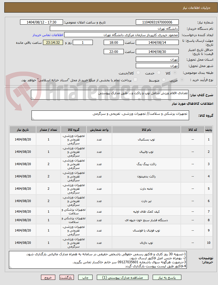 تصویر کوچک آگهی تعدادی اقلام ورزش شامل توپ و راکت و... طبق مدارک پیوستی