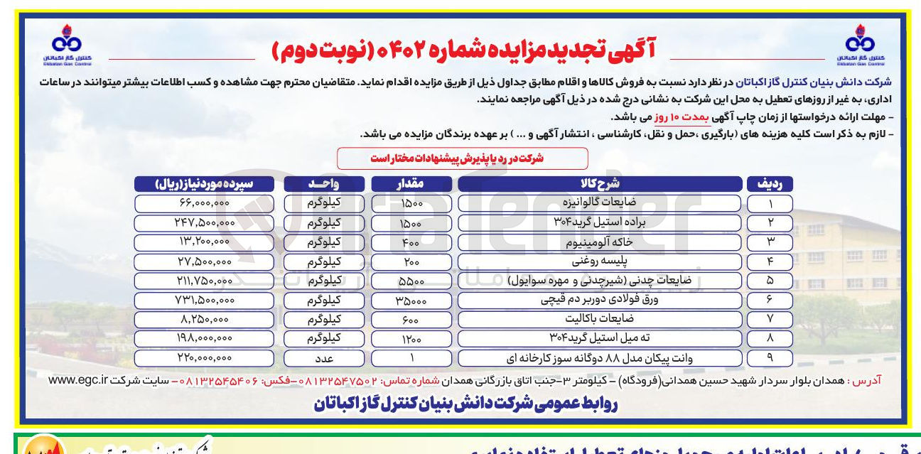 تصویر کوچک آگهی فروش کالاها در 9 ردیف شامل: ضایعات گالوانیزه -براده استیل خاک آلومینیوم و ...