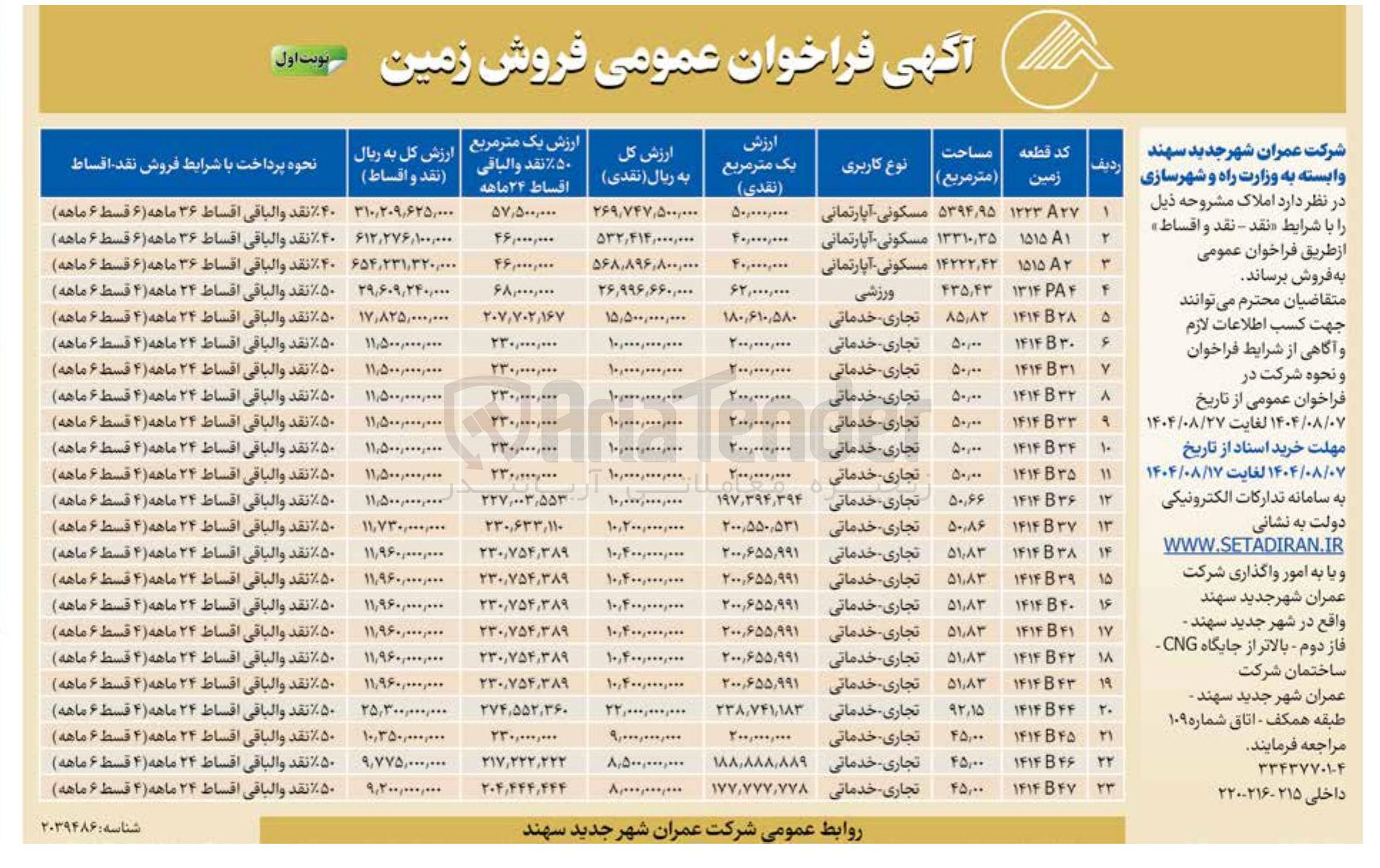تصویر کوچک آگهی فروش املاک در 23 ردیف با کاربری خدماتی تجاری مسکونی 