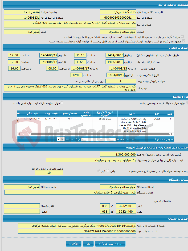 تصویر کوچک آگهی یک راس جوانه نر شماره گوش 177-به صورت زنده باسکول کش- وزن تقریبی 620 کیلوگرم