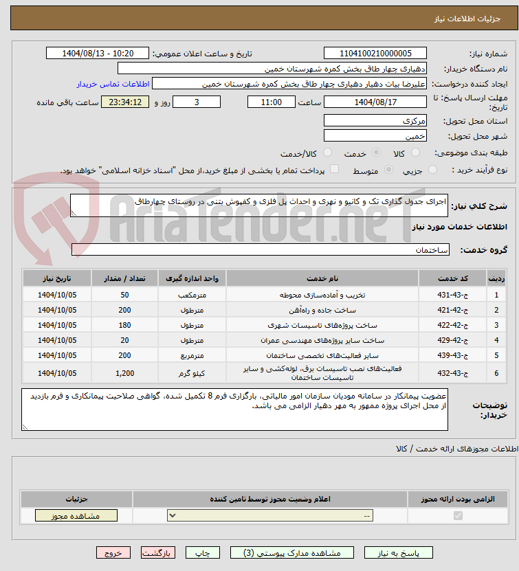 تصویر کوچک آگهی اجرای جدول گذاری تک و کانیو و نهری و احداث پل فلزی و کفپوش بتنی در روستای چهارطاق