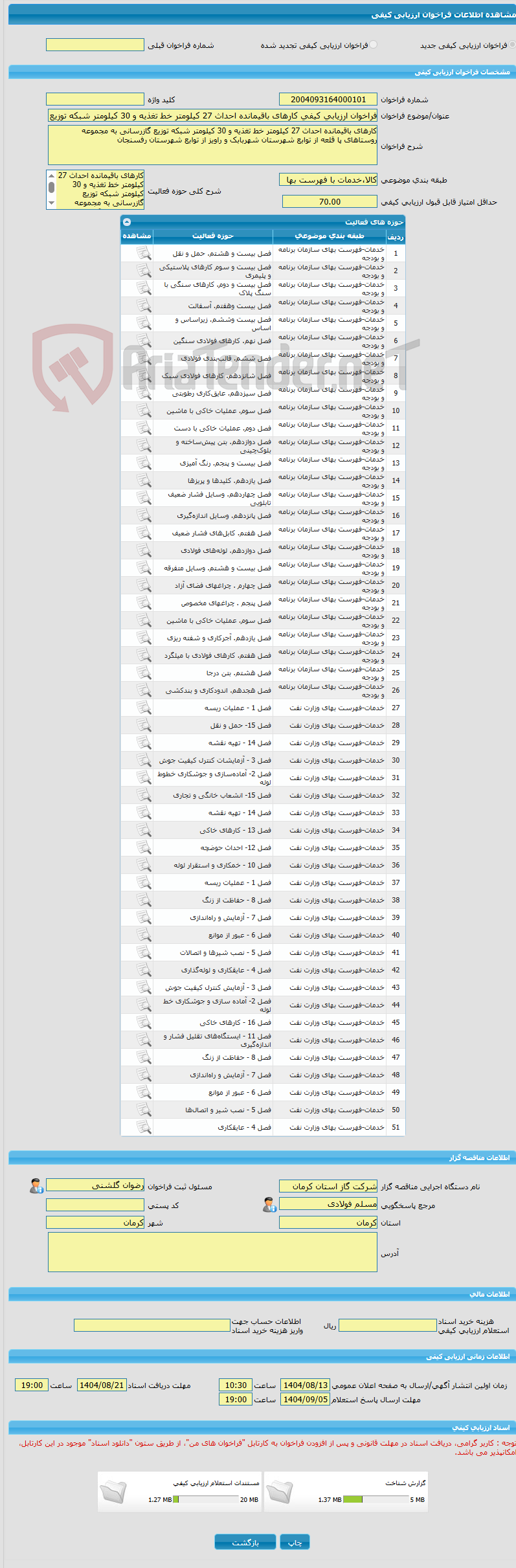 تصویر کوچک آگهی فراخوان ارزیابی کیفی کارهای باقیمانده احداث 27 کیلومتر خط تغذیه و 30 کیلومتر شبکه توزیع گازرسانی به مجموعه روستاهای پا قلعه از توابع شهرستان شهربابک و 