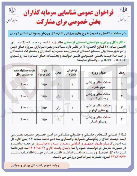 تصویر کوچک آگهی شناسایی سرمایه گذاران بخش خصوصی برای مشارکت در احداث سالن ورزشی  به روشهای BOLT BOT و ...