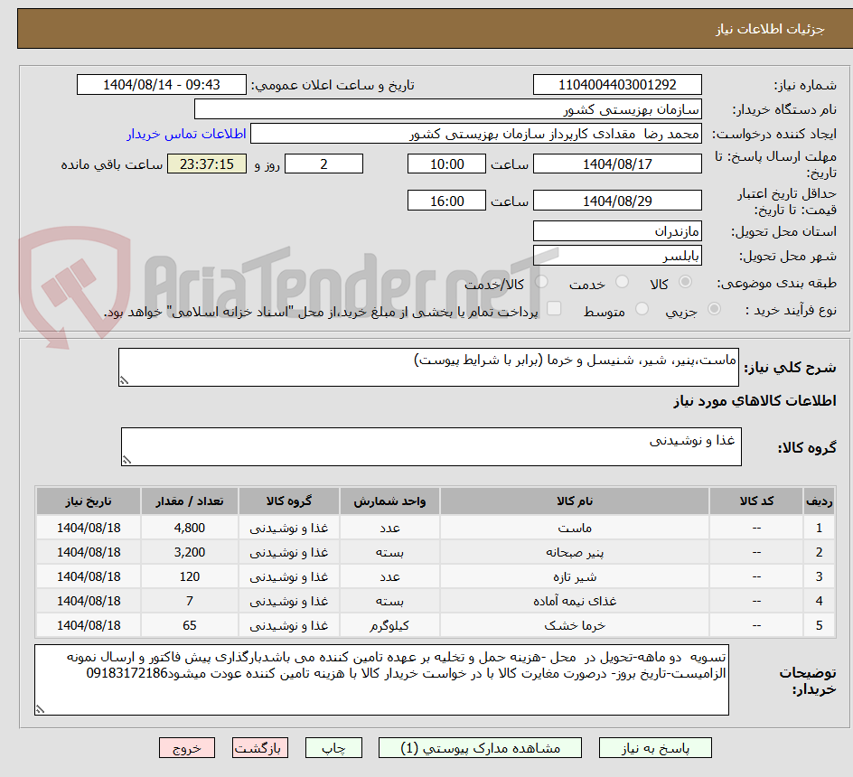 تصویر کوچک آگهی ماست،پنیر، شیر، شنیسل و خرما (برابر با شرایط پیوست)