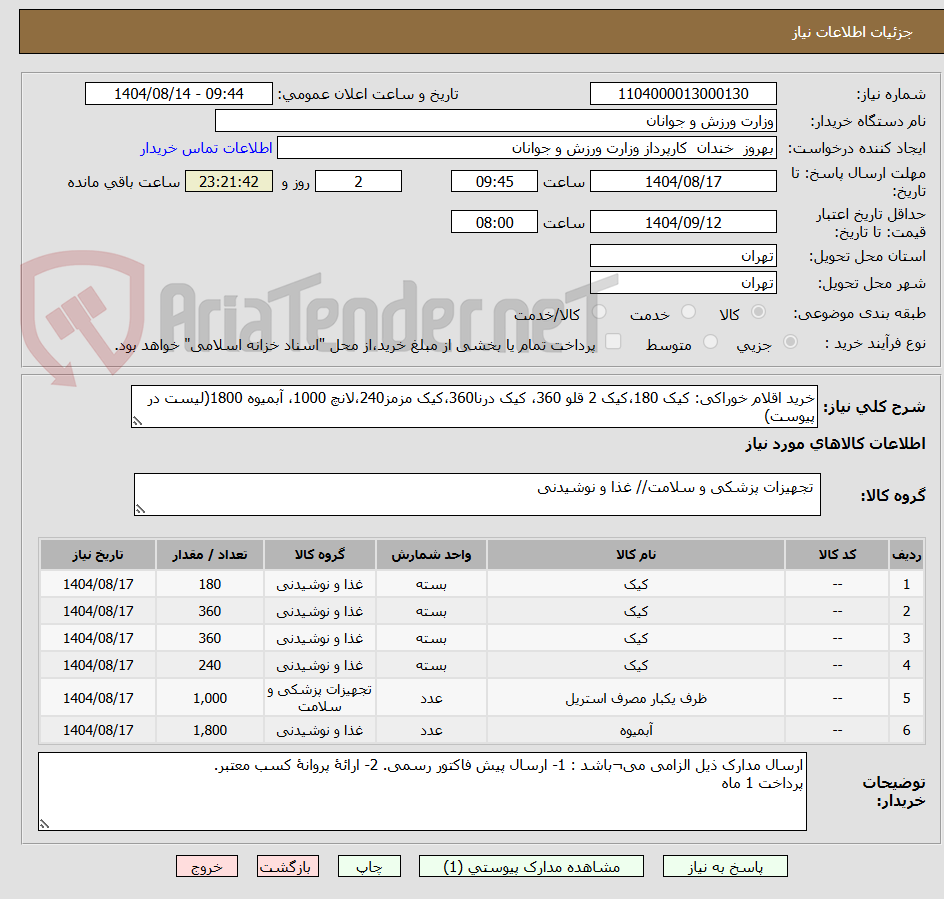 تصویر کوچک آگهی خرید اقلام خوراکی: کیک 180،کیک 2 قلو 360، کیک درنا360،کیک مزمز240،لانچ 1000، آبمیوه 1800(لیست در پیوست)