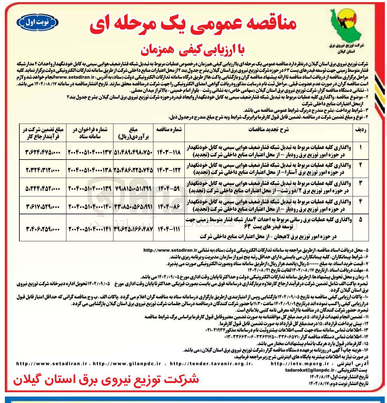 تصویر کوچک آگهی واگذاری کلیه عملیات مربوط به تبدیل شبکه فشار ضعیف هوایی سیمی به کابل خودنگهدار 
