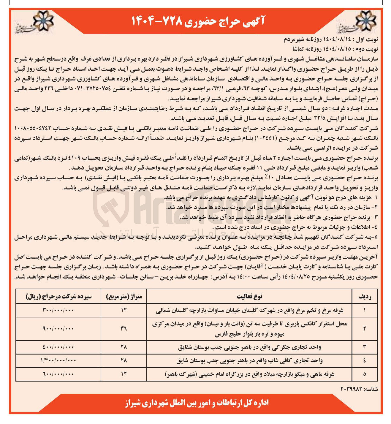 تصویر کوچک آگهی بهره برداری از تعدادی غرف 