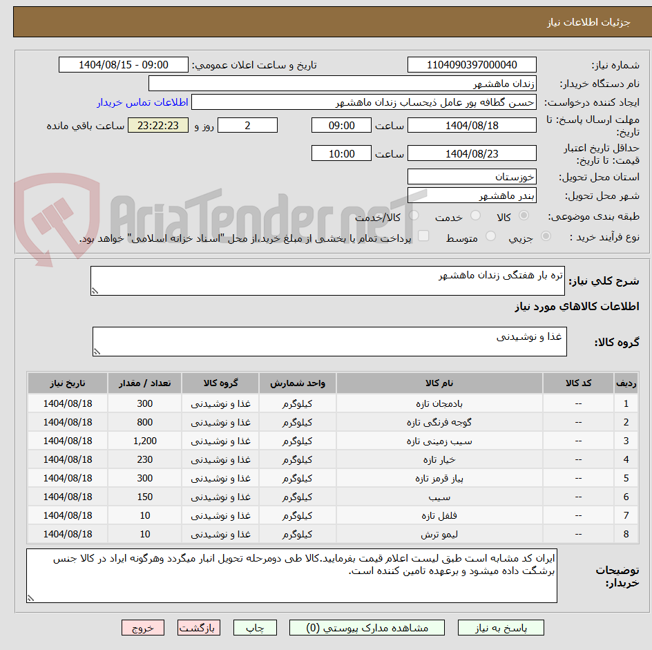 تصویر کوچک آگهی تره بار هفتگی زندان ماهشهر