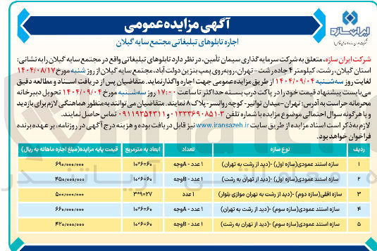 تصویر کوچک آگهی سازه افقی سازه دوم دید از رشت به تهران موازی بلوار ) 
