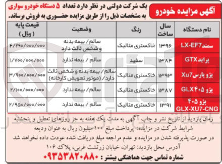 تصویر کوچک آگهی فروش تعداد ۵ دستگاه خودرو سواری