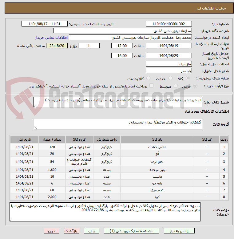 تصویر کوچک آگهی آلو خورشتی،حلواشکری،پنیر،ماست،جوپوست کنده،تخم مرغ،عدس کره حیوانی (برابر با شرایط پیوست)
