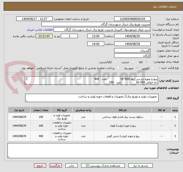 تصویر کوچک آگهی پیچ و مهره دو سر رزوه 600*16		عدد	400
دم خوکی 350-16		عدد	100
سکوی گالوانیزه تابلو اندازه گیری هوایی 		عدد	100
