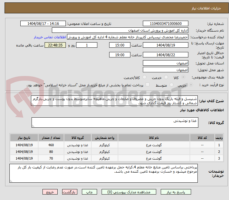 تصویر کوچک آگهی شنیسل و فیله باریک بدون چربی و غضروف و ضایعات و چربی.ماهیچه سایزمتوسط بدون پوست و چربی.بارگرم شمالی و کشتار روز قیمت گذاری شود.