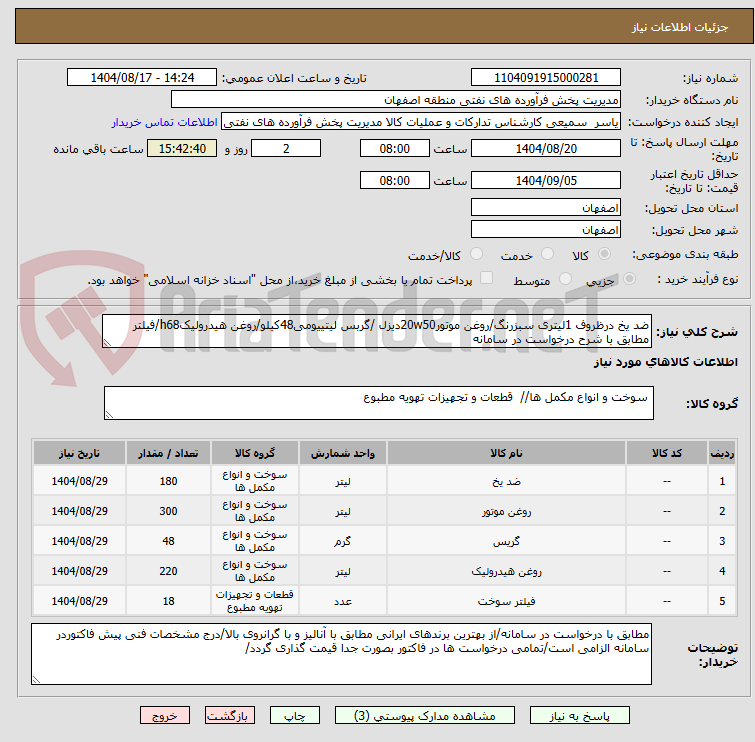 تصویر کوچک آگهی ضد یخ درظروف 1لیتری سبزرنگ/روغن موتور20w50دیزل /گربس لیتییومی48کیلو/روغن هیدرولیکh68/فیلتر مطابق با شرح درخواست در سامانه