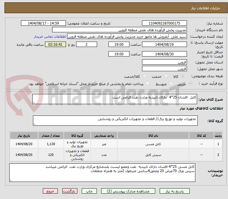 تصویر کوچک آگهی کابل  افشان 25*4  دارای تاییدیه وزارت نفت الزامی است 