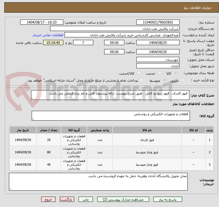 تصویر کوچک آگهی  فیوز کاردی ، فیوز زیرو رو کامل ، طبق شرح پیوست. ارائه پیشنهاد فنی و نام برند الزامی می باشد.