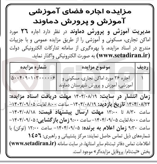 تصویر کوچک آگهی اجاره ۲۶ مورد اماکن تجاری مسکونی و آموزشی 