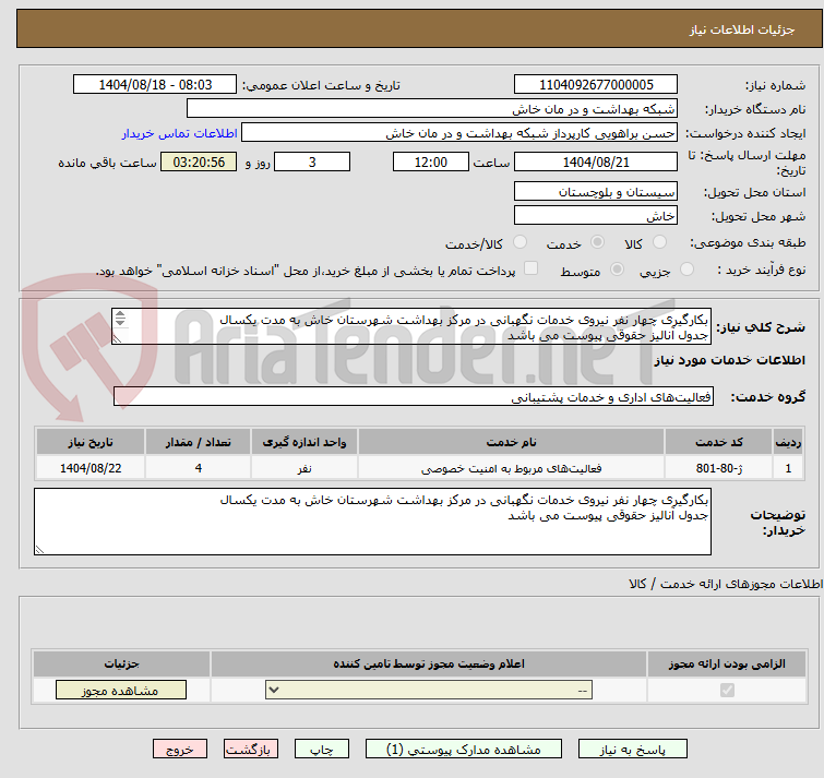 تصویر کوچک آگهی بکارگیری چهار نفر نیروی خدمات نگهبانی در مرکز بهداشت شهرستان خاش به مدت یکسال
جدول آنالیز حقوقی پیوست می باشد

