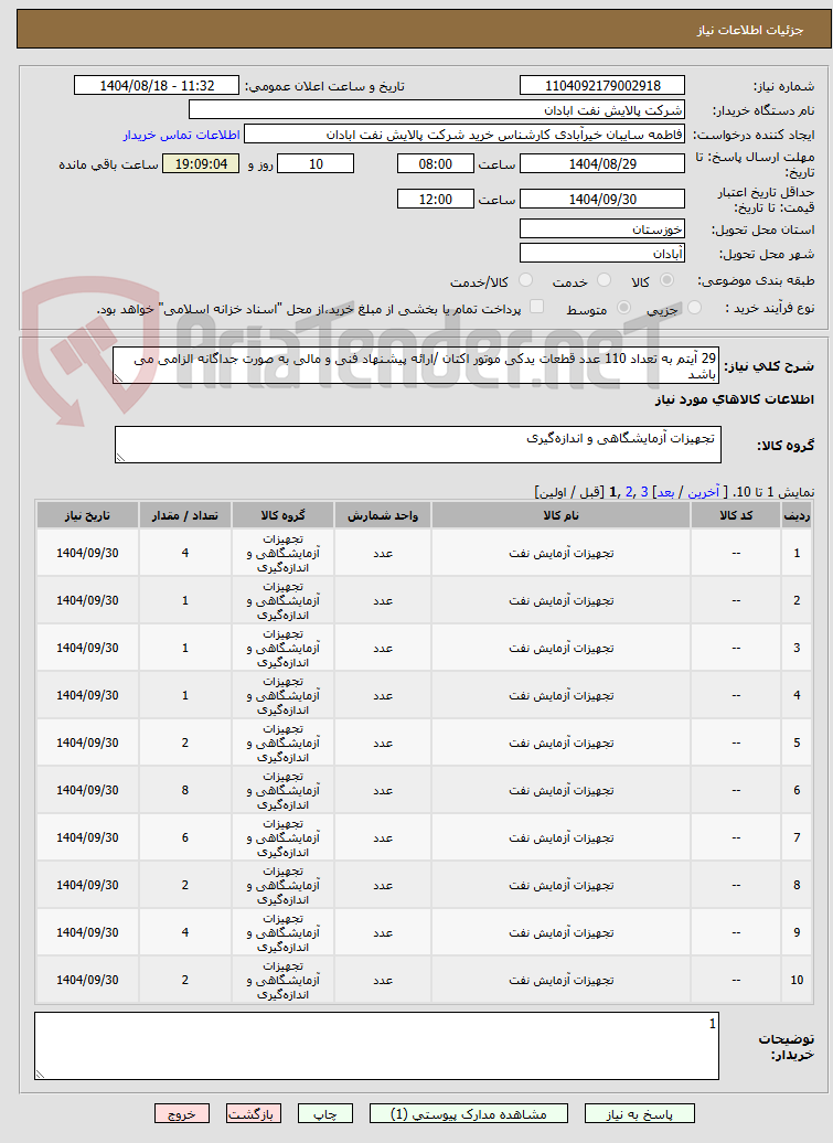 تصویر کوچک آگهی 29 آیتم به تعداد 110 عدد قطعات یدکی موتور اکتان /ارائه پیشنهاد فنی و مالی به صورت جداگانه الزامی می باشد