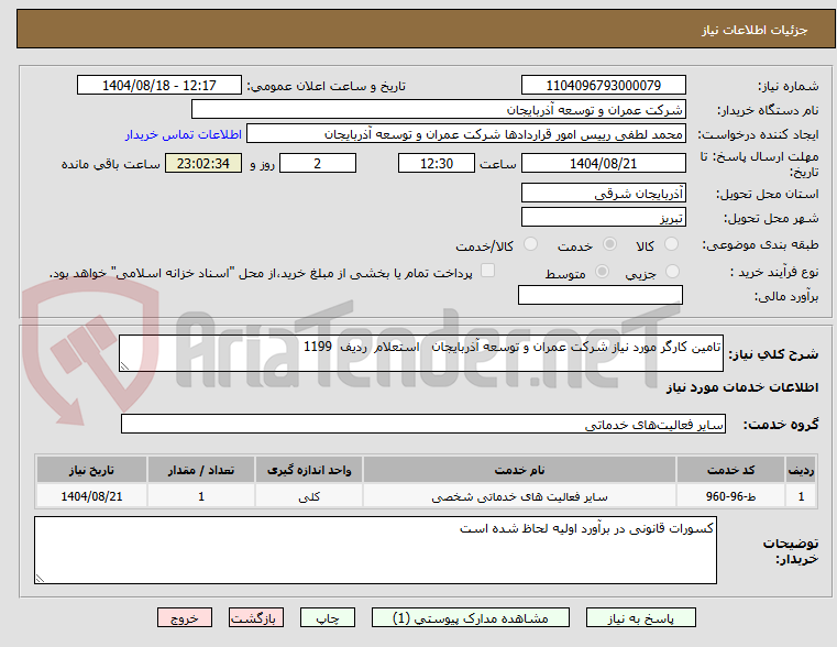 تصویر کوچک آگهی تامین کارگر مورد نیاز شرکت عمران و توسعه آذربایجان استعلام ردیف 1199