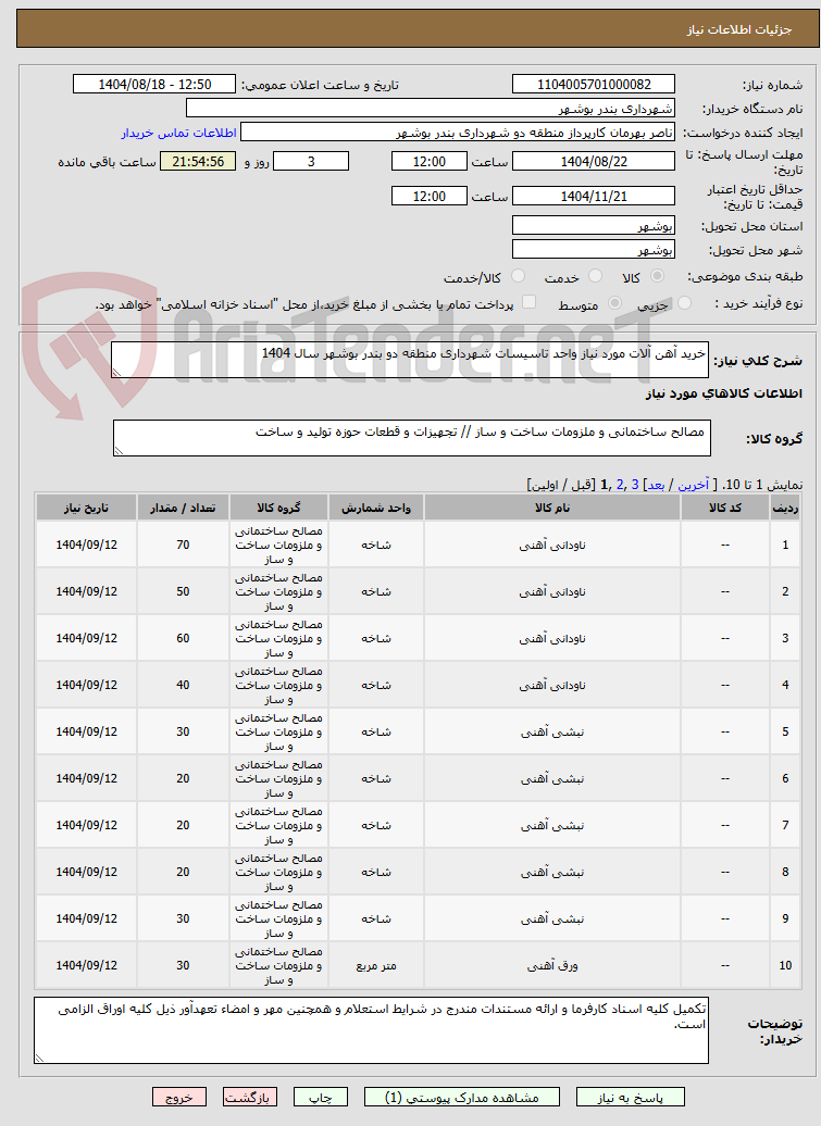 تصویر کوچک آگهی خرید آهن آلات مورد نیاز واحد تاسیسات شهرداری منطقه دو بندر بوشهر سال 1404