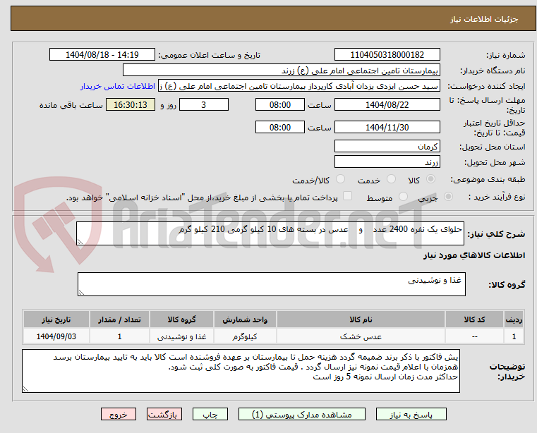 تصویر کوچک آگهی حلوای یک نفره 2400 عدد    و    عدس در بسته های 10 کیلو گرمی 210 کیلو گرم