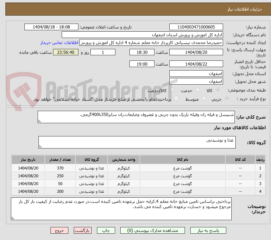 تصویر کوچک آگهی شنیسل و فیله ران وفیله باریک بدون چربی و غضروف وضایعات.ران سایز350تا400گرمی.
