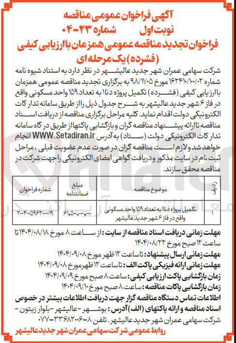 تصویر کوچک آگهی تکمیل پروژه دنا به تعداد ۱۵۹ واحد مسکونی