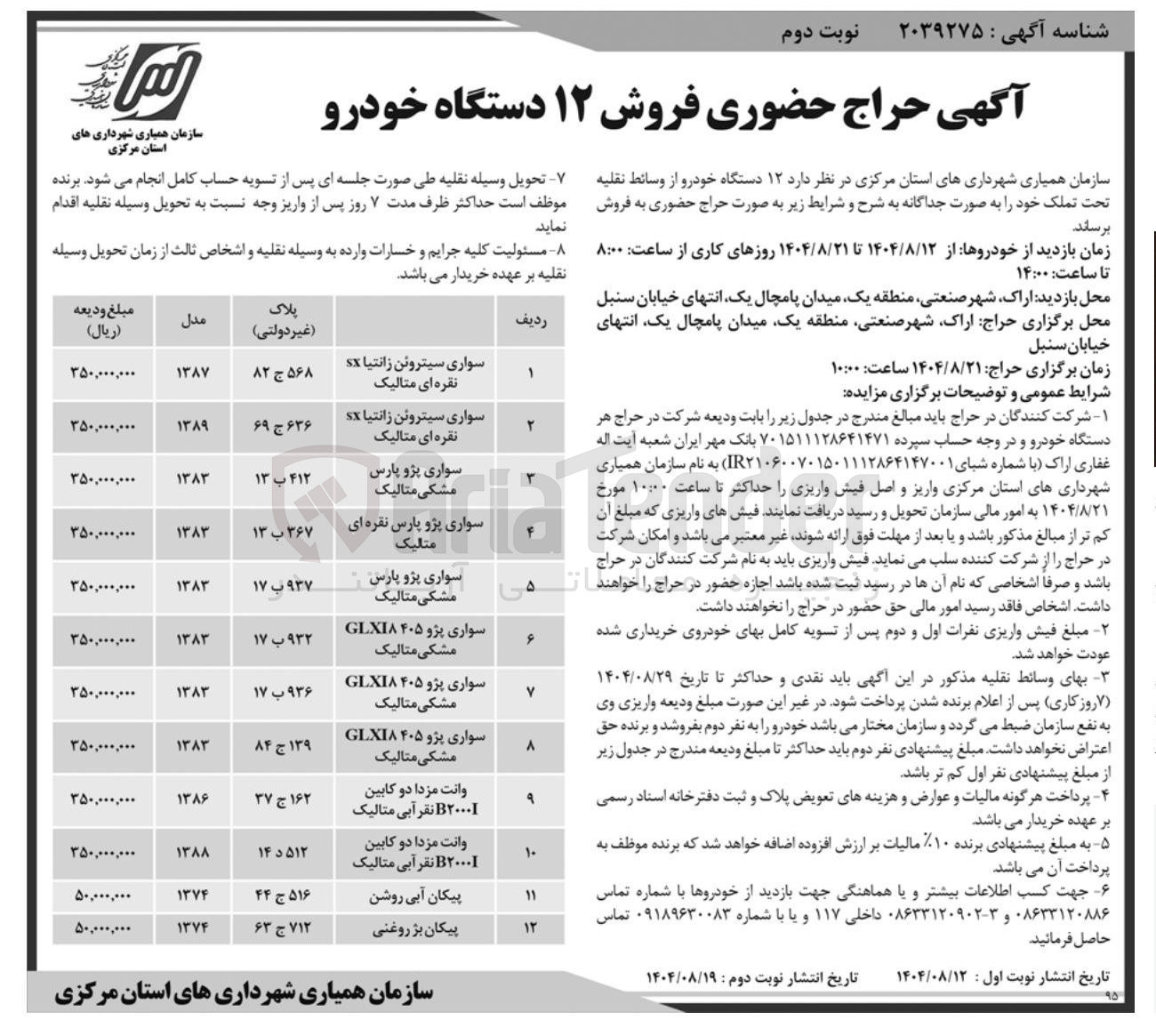 تصویر کوچک آگهی فروش ۱۲ دستگاه خودرو 