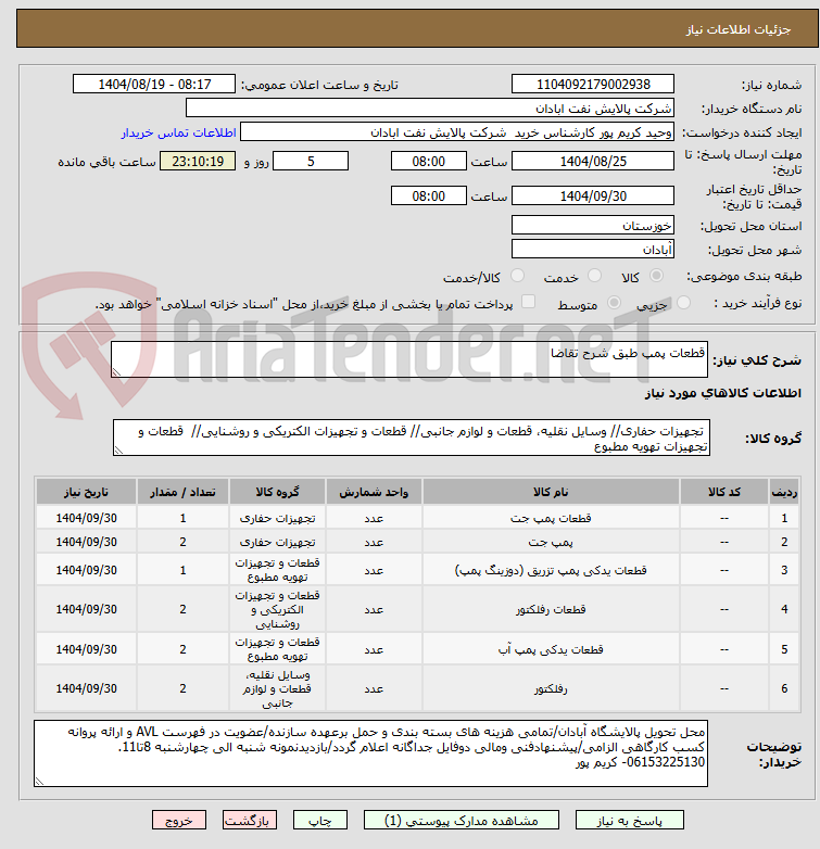 تصویر کوچک آگهی قطعات پمپ طبق شرح تقاضا