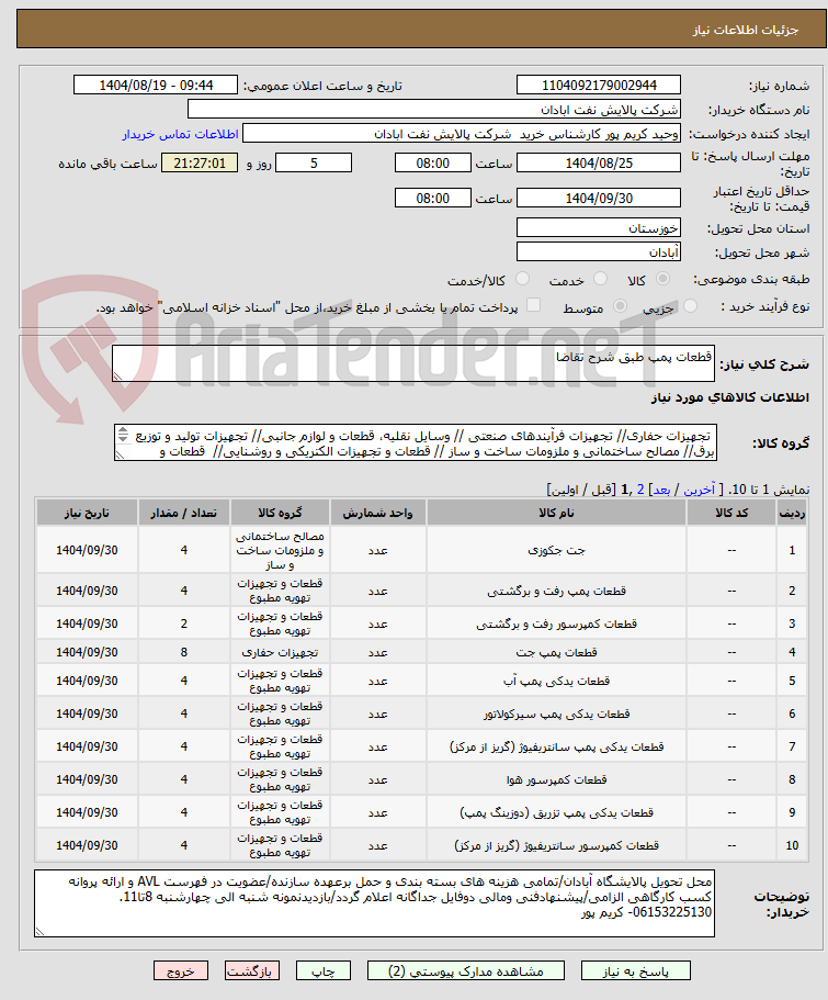 تصویر کوچک آگهی قطعات پمپ طبق شرح تقاضا