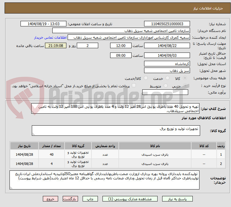 تصویر کوچک آگهی تهیه و تحویل 40 عدد باطری یو پی اس28 آمپر 12 ولت و 4 عدد باطری یو پی اس 100 آمپر 12 ولت به تامین اجتماعی سرپلذهاب.  