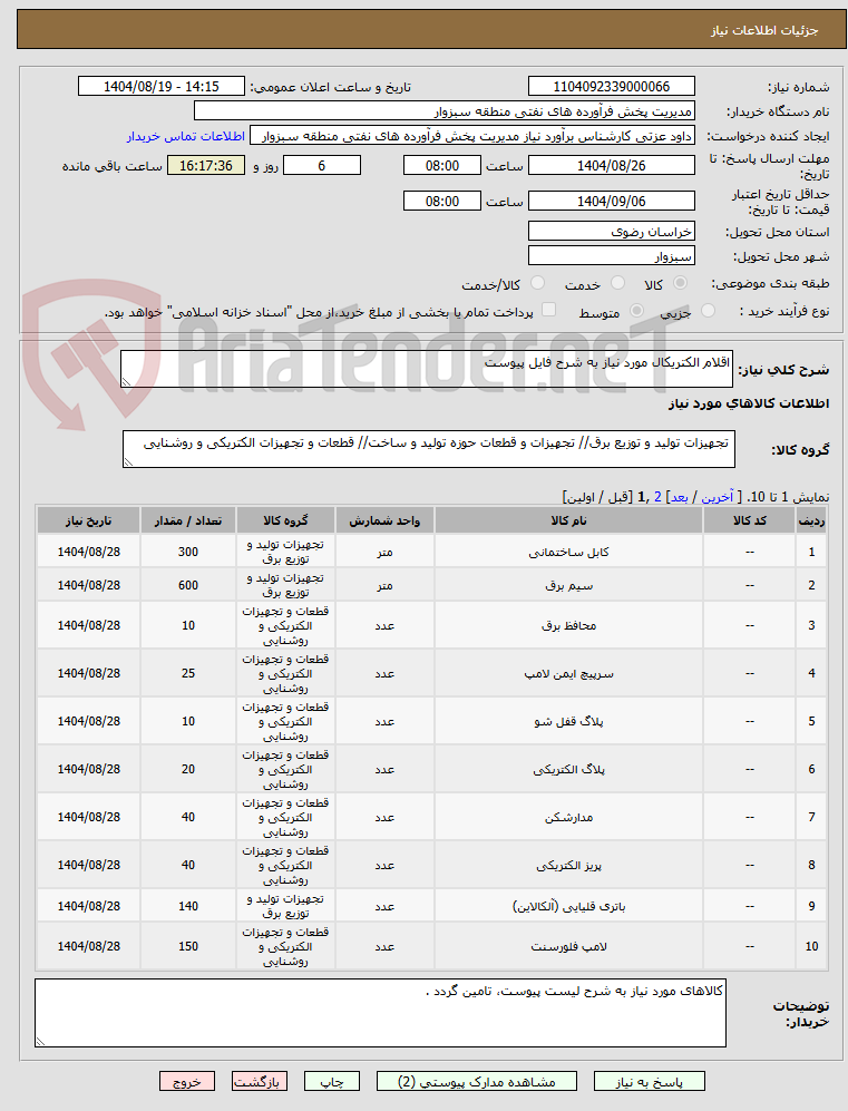 تصویر کوچک آگهی اقلام الکتریکال مورد نیاز به شرح فایل پیوست