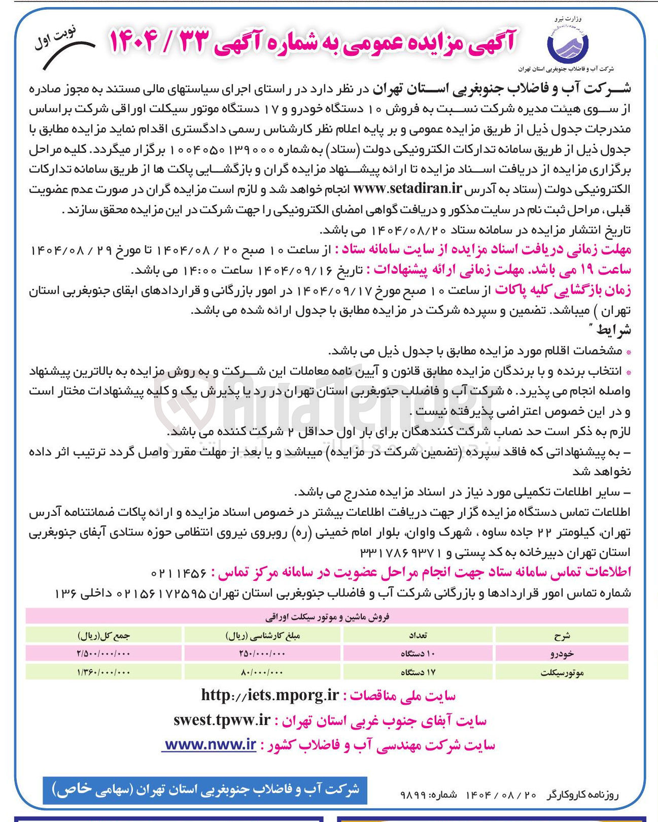 تصویر کوچک آگهی فروش ۱۰ دستگاه خودرو و ۱۷ دستگاه موتور سیکلت اوراقی 