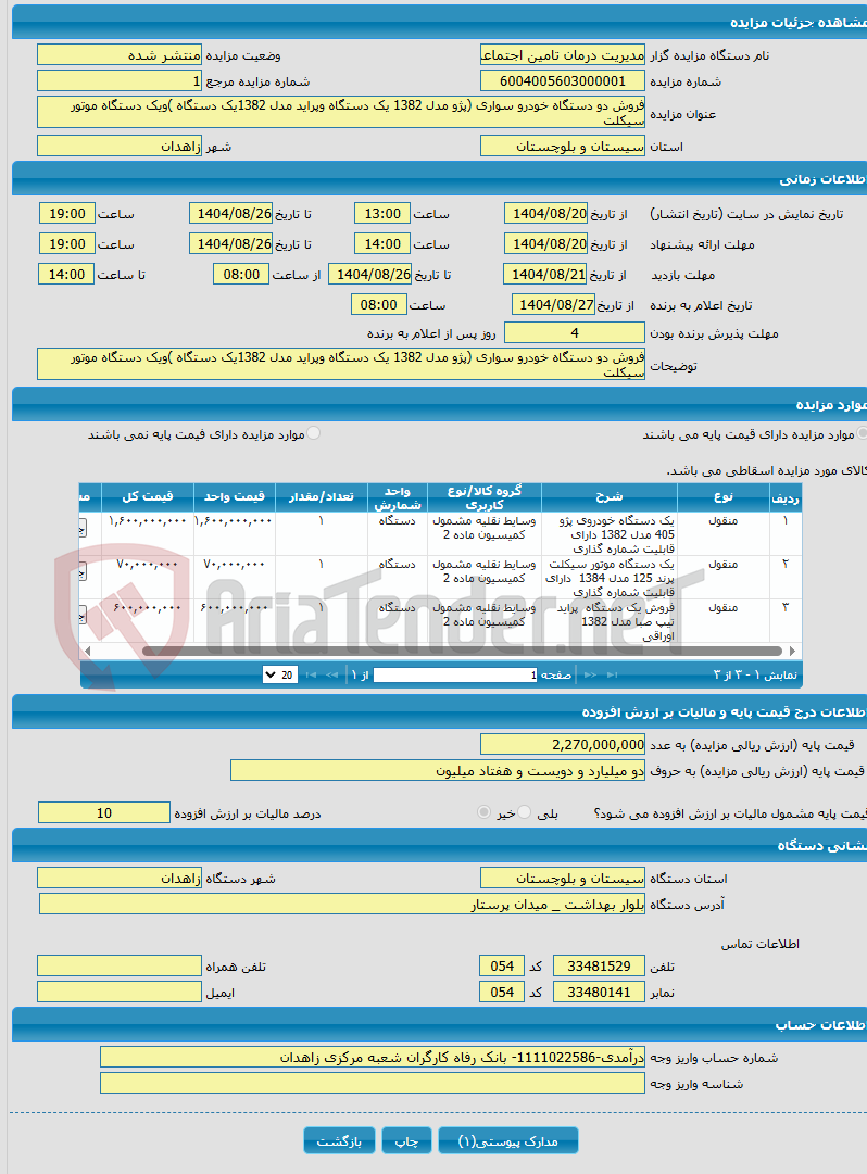 تصویر کوچک آگهی فروش دو دستگاه خودرو سواری (پژو مدل 1382 یک دستگاه وپراید مدل 1382یک دستگاه )ویک دستگاه موتور سیکلت