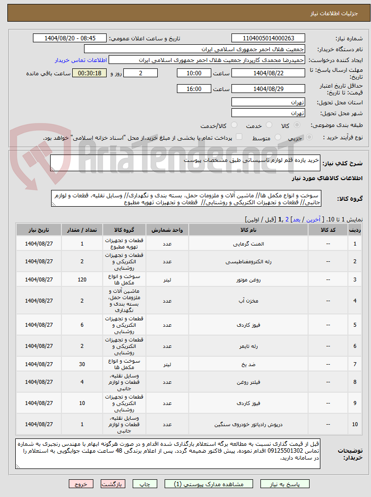 تصویر کوچک آگهی خرید یازده قلم لوازم تاسیساتی طبق مشخصات پیوست