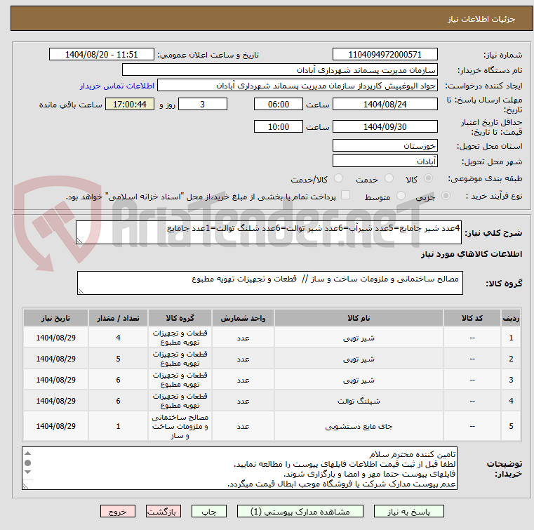 تصویر کوچک آگهی 4عدد شیر جامایع=5عدد شیرآب=6عدد شیر توالت=6عدد شلنگ توالت=1عدد جامایع 