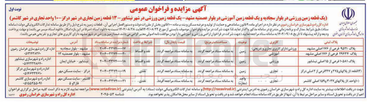 تصویر کوچک آگهی یک قطعه زمین ورزشی در بلوار  و یک قطعه زمین آموزشی در بلوار   یک قطعه زمین ورزشی در شهر  - ۱۳ قطعه زمین تجاری در شهر  ۱۰ واحد تجاری