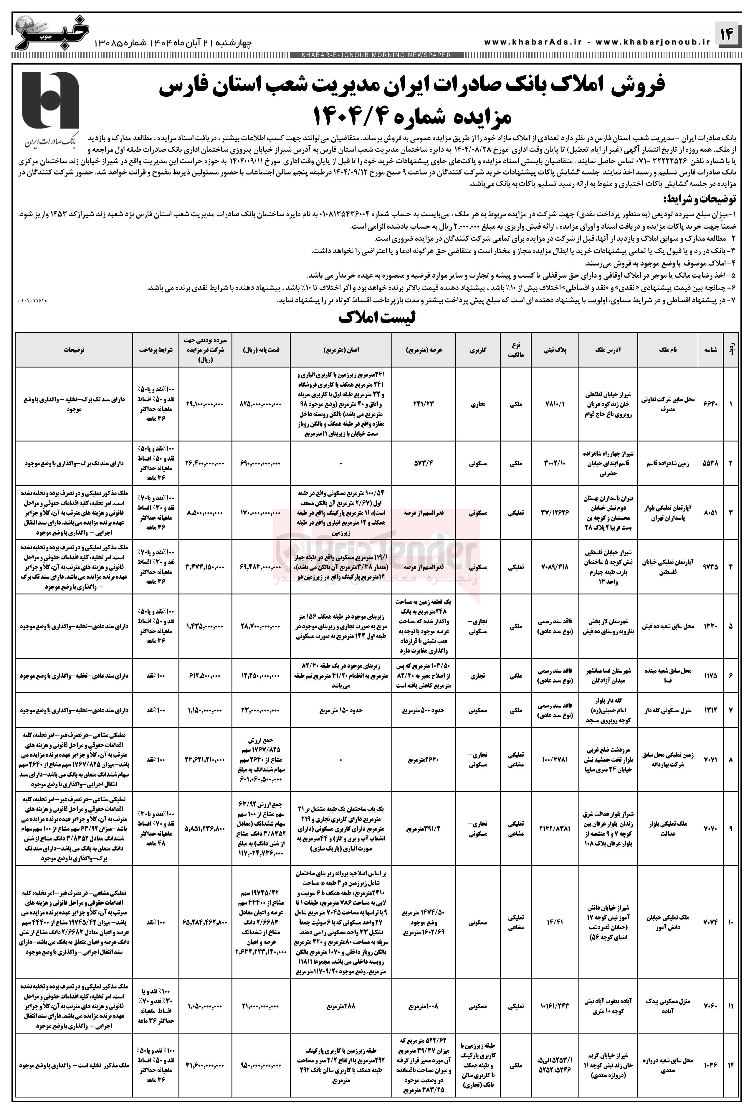 تصویر کوچک آگهی فروش تعدادی از املاک مازاد در 12 ردیف با کاربری مسکونی - پارکینگ - تجاری