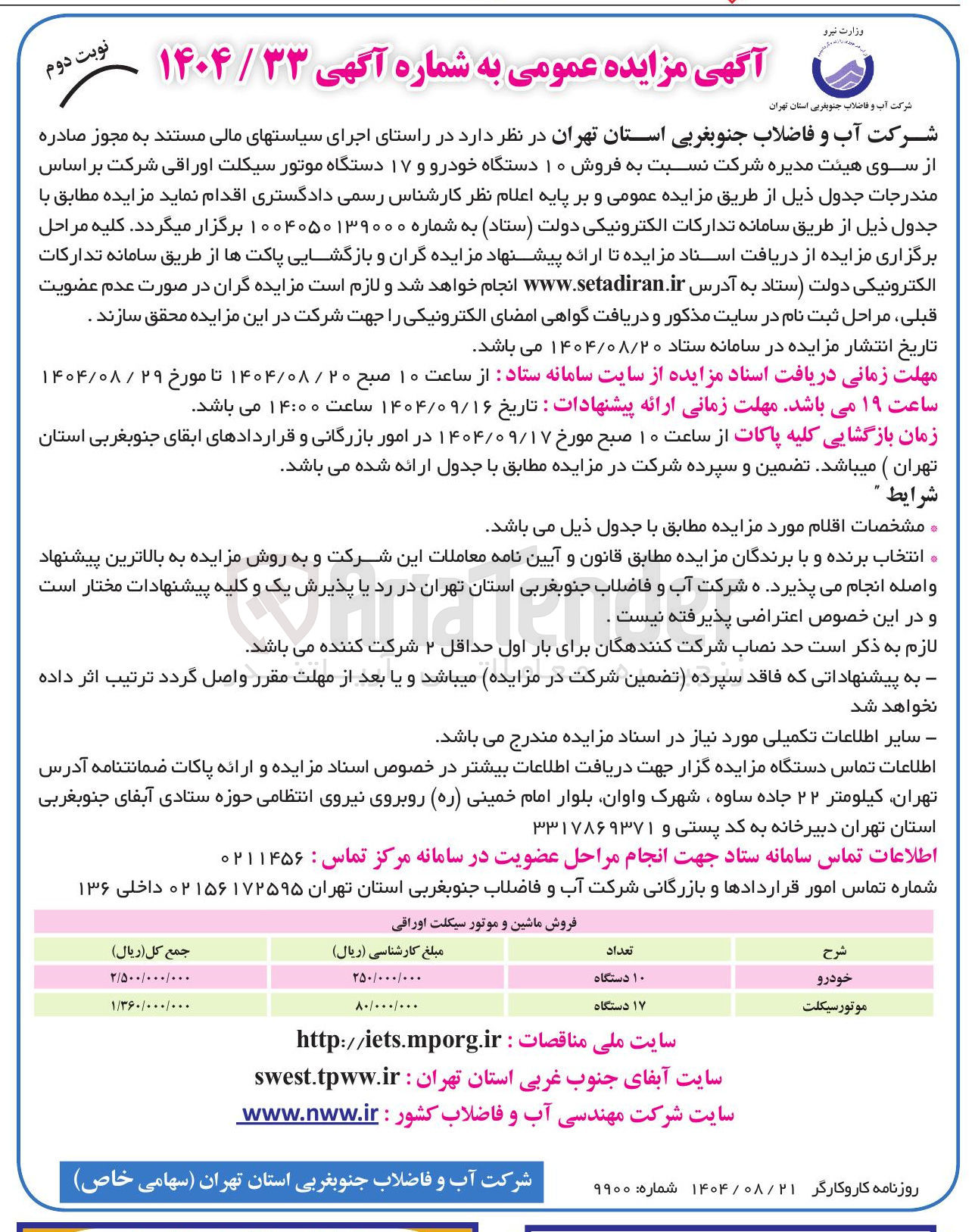 تصویر کوچک آگهی فروش ۱۰ دستگاه خودرو و ۱۷ دستگاه موتور سیکلت اوراقی