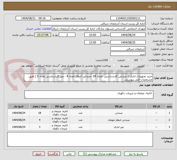 تصویر کوچک آگهی خرید تجهیزات اداری ( صندلی کارشناسی تعداد 18 -صندلی انتظار تعداد 4 - میز کارشناسی تعداد 3 ) طبق مشخصات فنی پیوستی