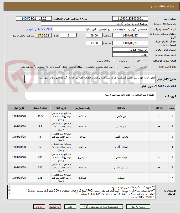 تصویر کوچک آگهی آهن آلات مورد نیاز جهت اسکلت مرکز سلامت پردیس مجتمع آموزش عالی گناباد طبق فایل پیوست