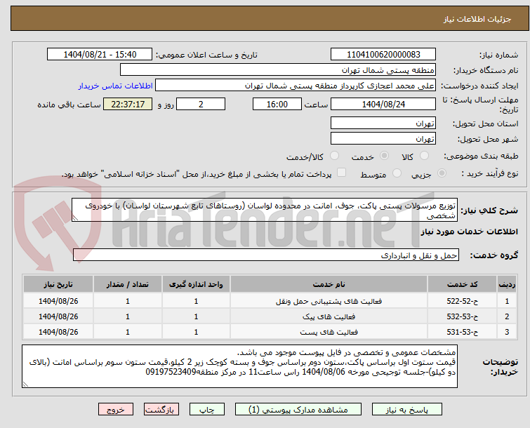 تصویر کوچک آگهی توزیع مرسولات پستی پاکت، جوف، امانت در محدوده لواسان (روستاهای تابع شهرستان لواسان) با خودروی شخصی