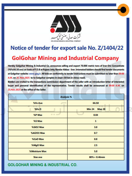تصویر کوچک آگهی Concentrate Ore Iron of tons metric 70.000 export and selling announces  ) ave Fe:66.50 % (