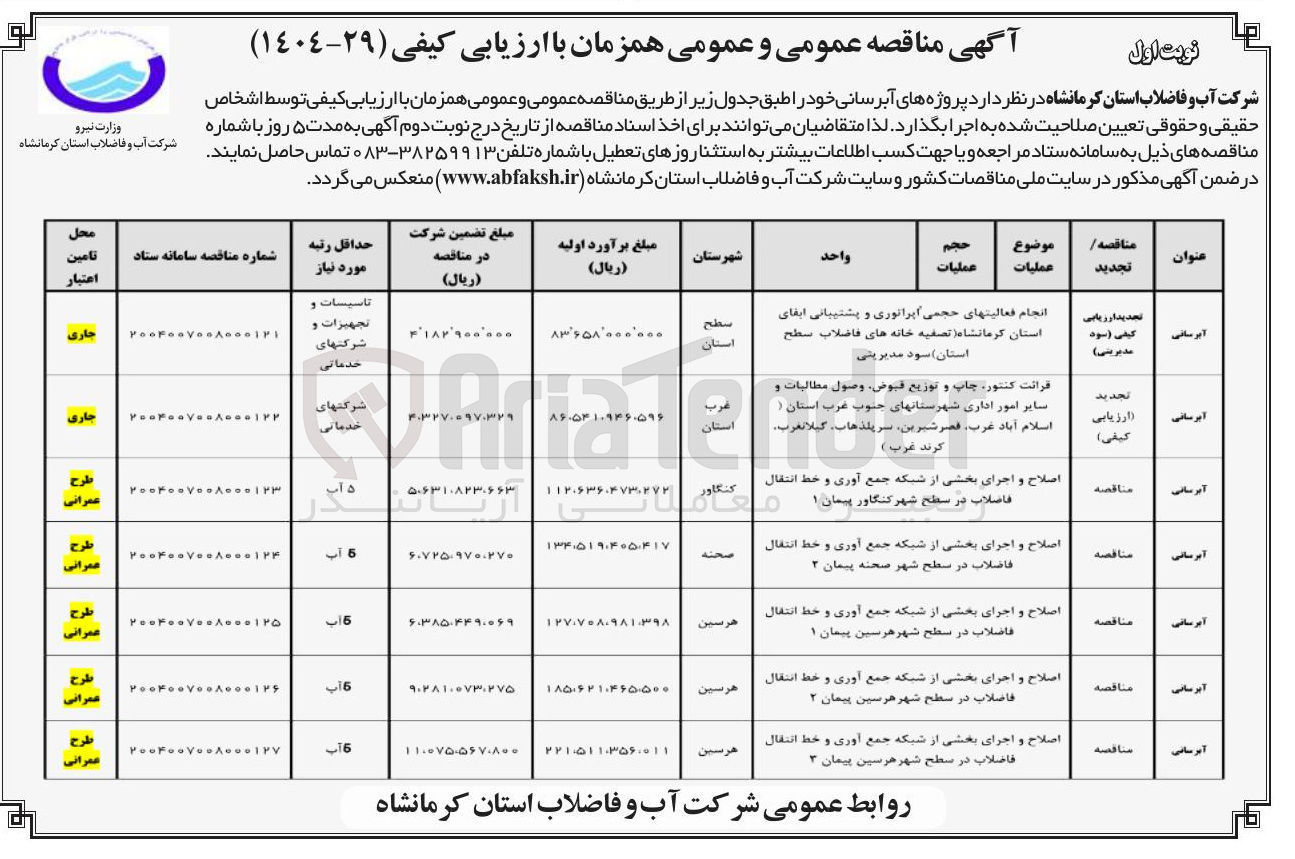 تصویر کوچک آگهی اصلاح و اجرای بخشی از شبکه جمع آوری و خط انتقال فاضلاب