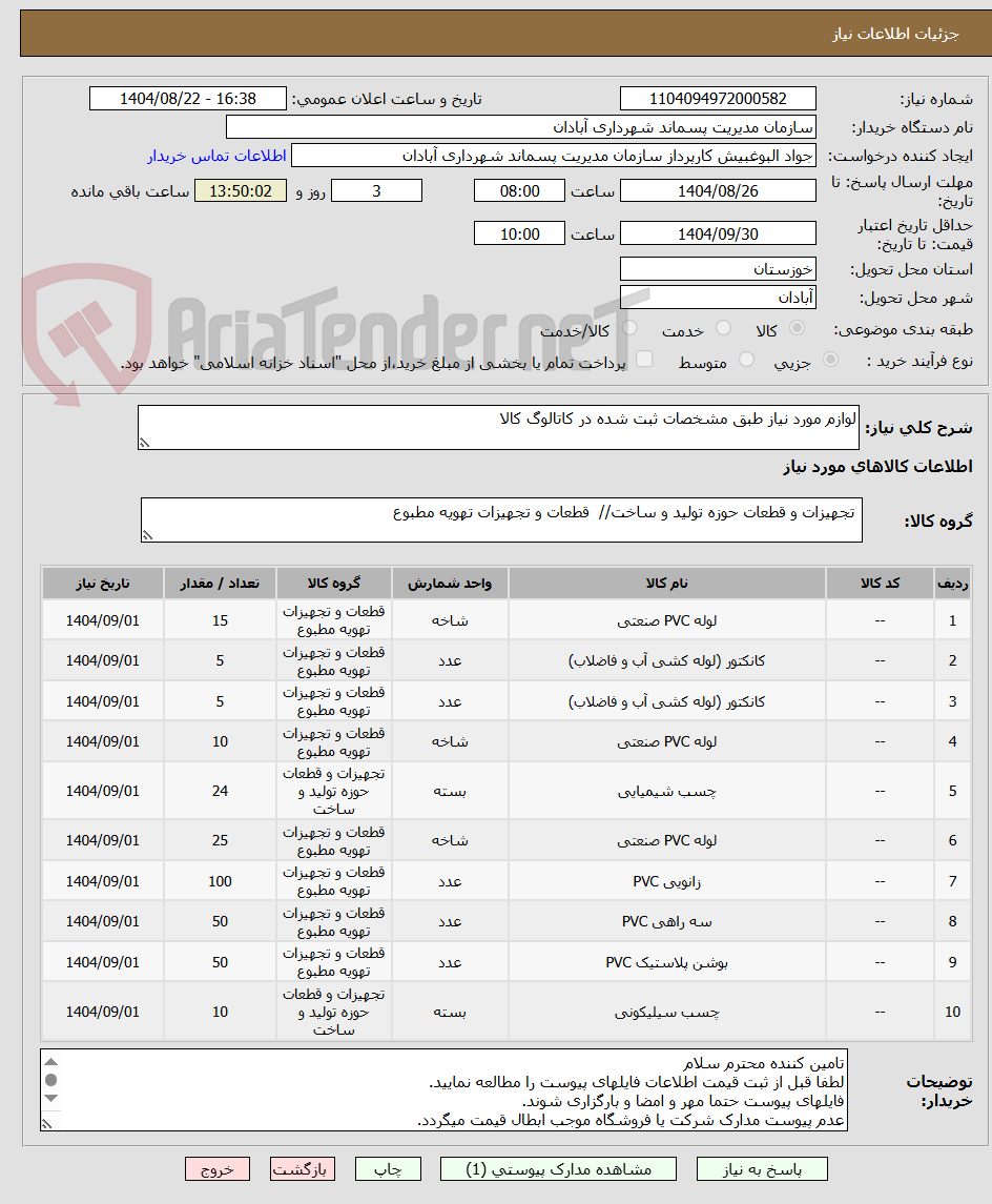 تصویر کوچک آگهی لوازم مورد نیاز طبق مشخصات ثبت شده در کاتالوگ کالا