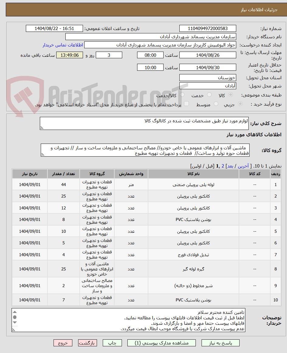 تصویر کوچک آگهی لوازم مورد نیاز طبق مشخصات ثبت شده در کاتالوگ کالا